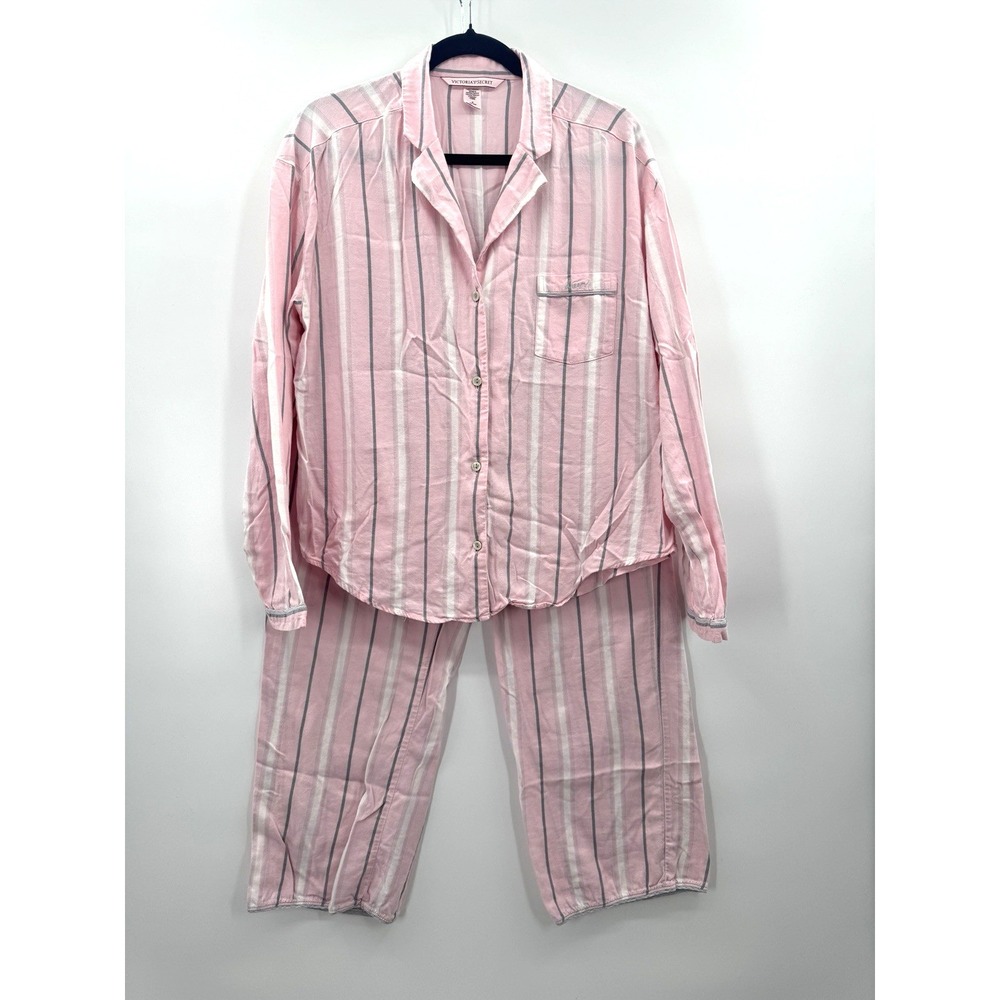 Victorias Secret Striped Pajama Set Medium Button Down Wide Leg Soft Cozy Lounge